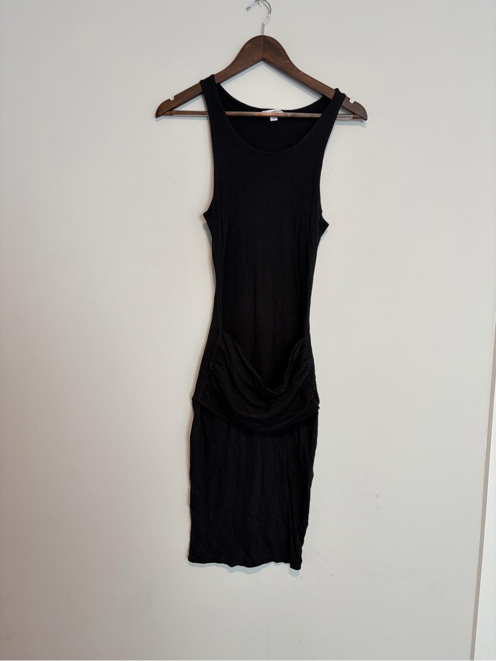 James Perse Black Draped Midi Dress 0 Ruched Bodycon Minimalist Made USA